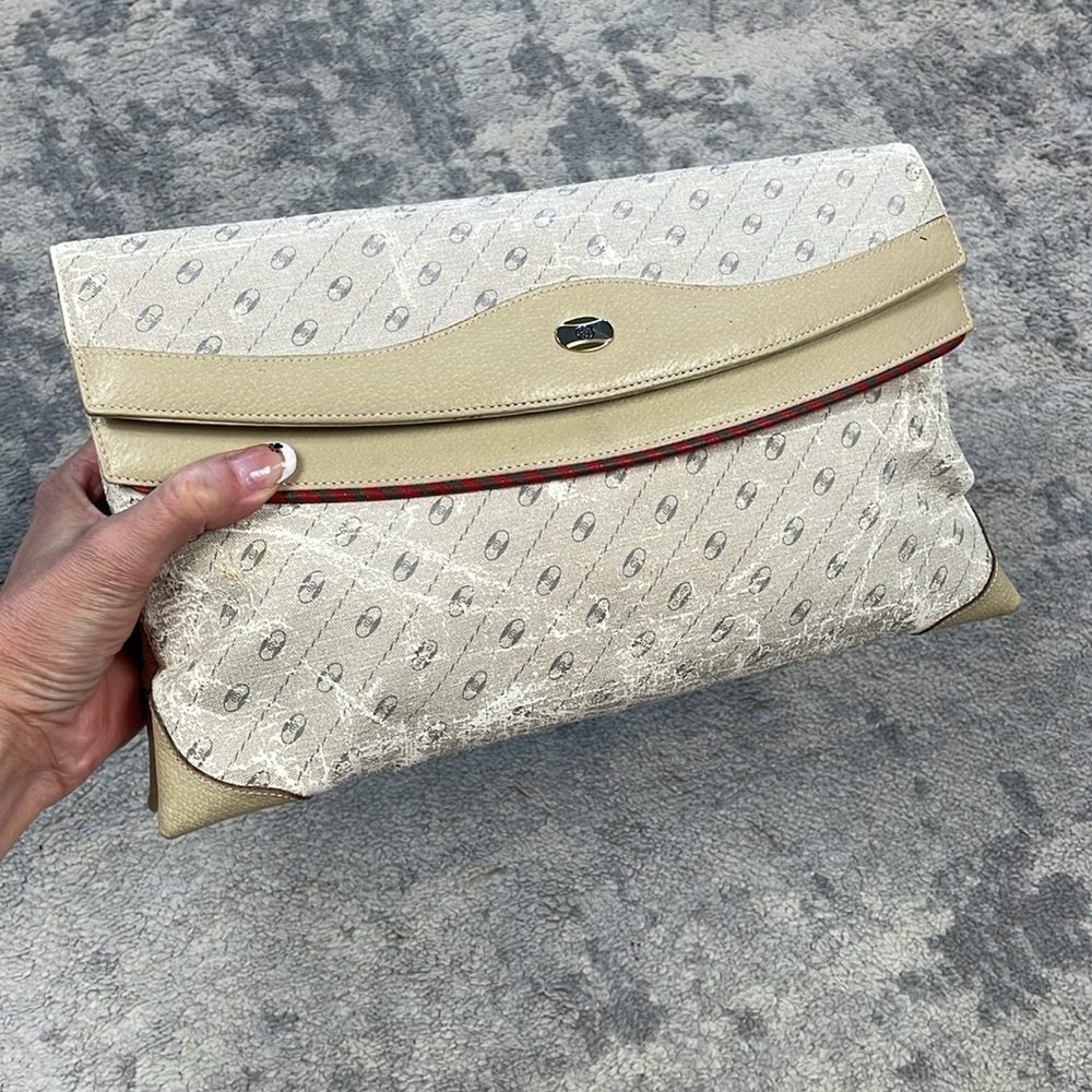 Vintage Gucci Beige Double Flap Clutch Bag Sherry Web Trim